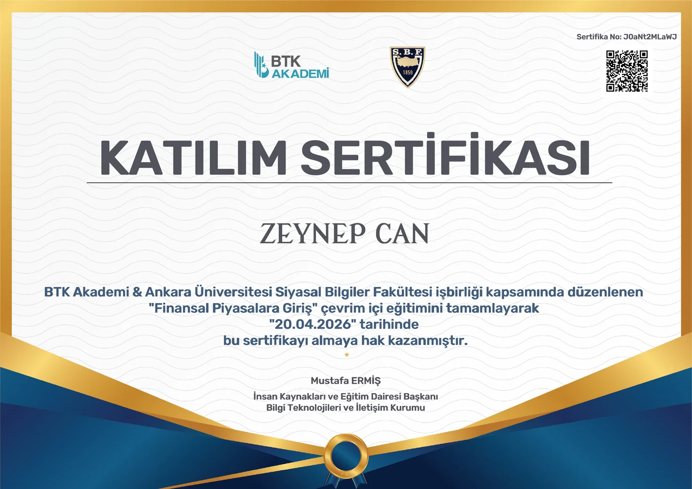 Zeynep Can – Finansal Piyasalara Giriş sertifikası