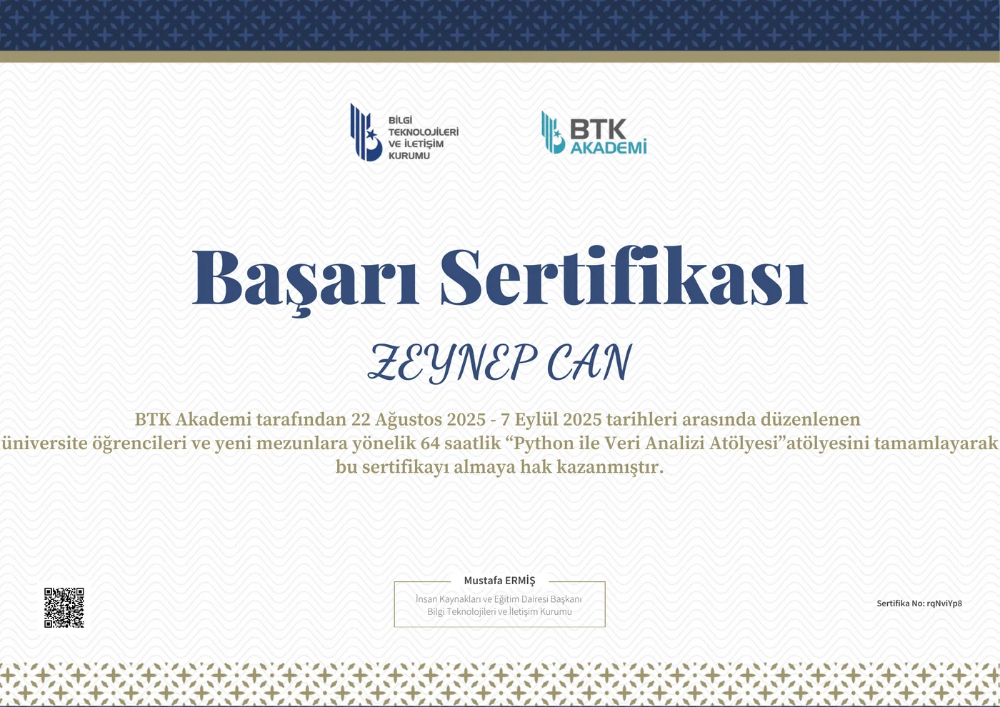 Zeynep Can – Python ile Veri Analizi Atölyesi sertifikası
