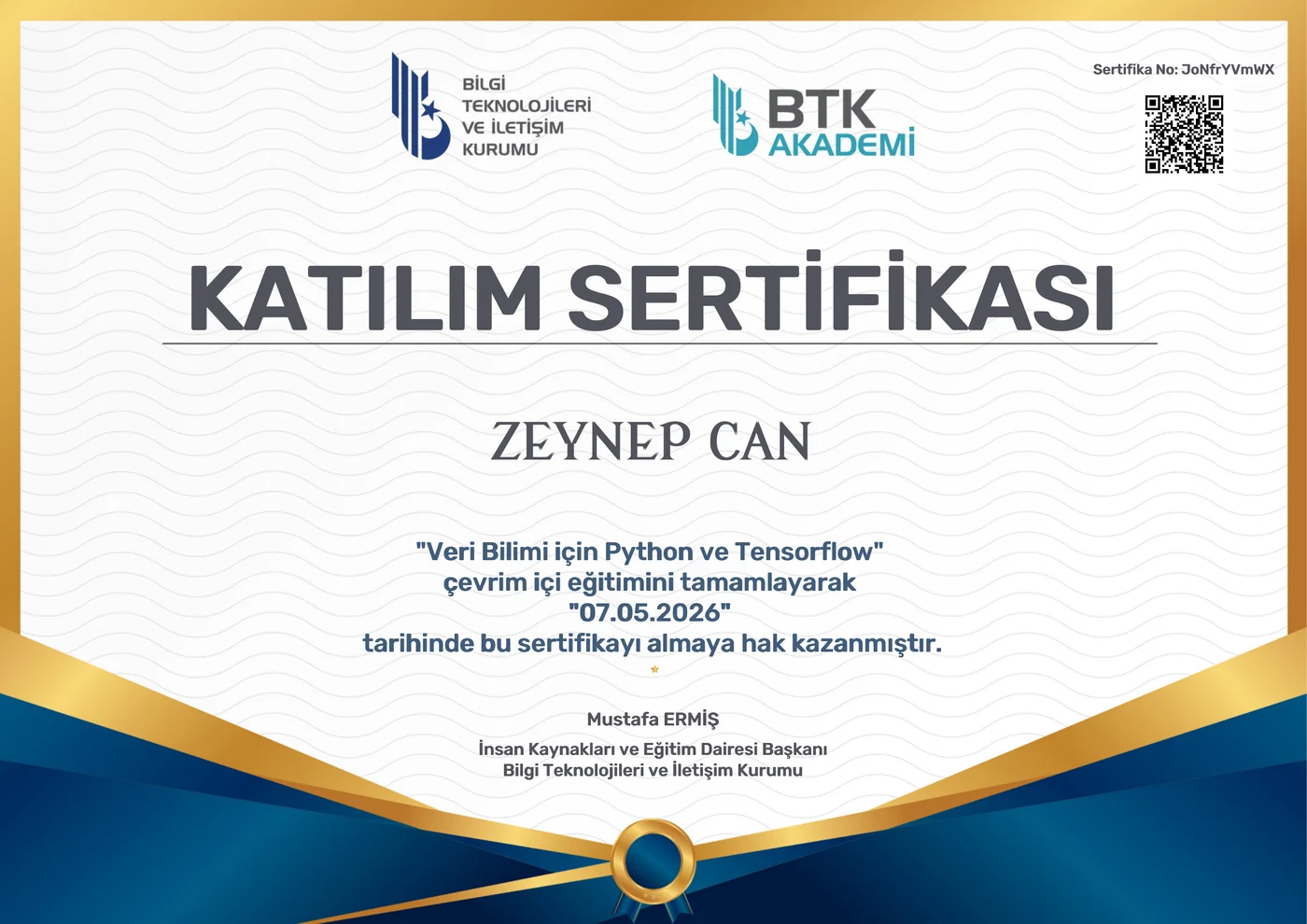 Zeynep Can – Veri Bilimi için Python ve TensorFlow sertifikası
