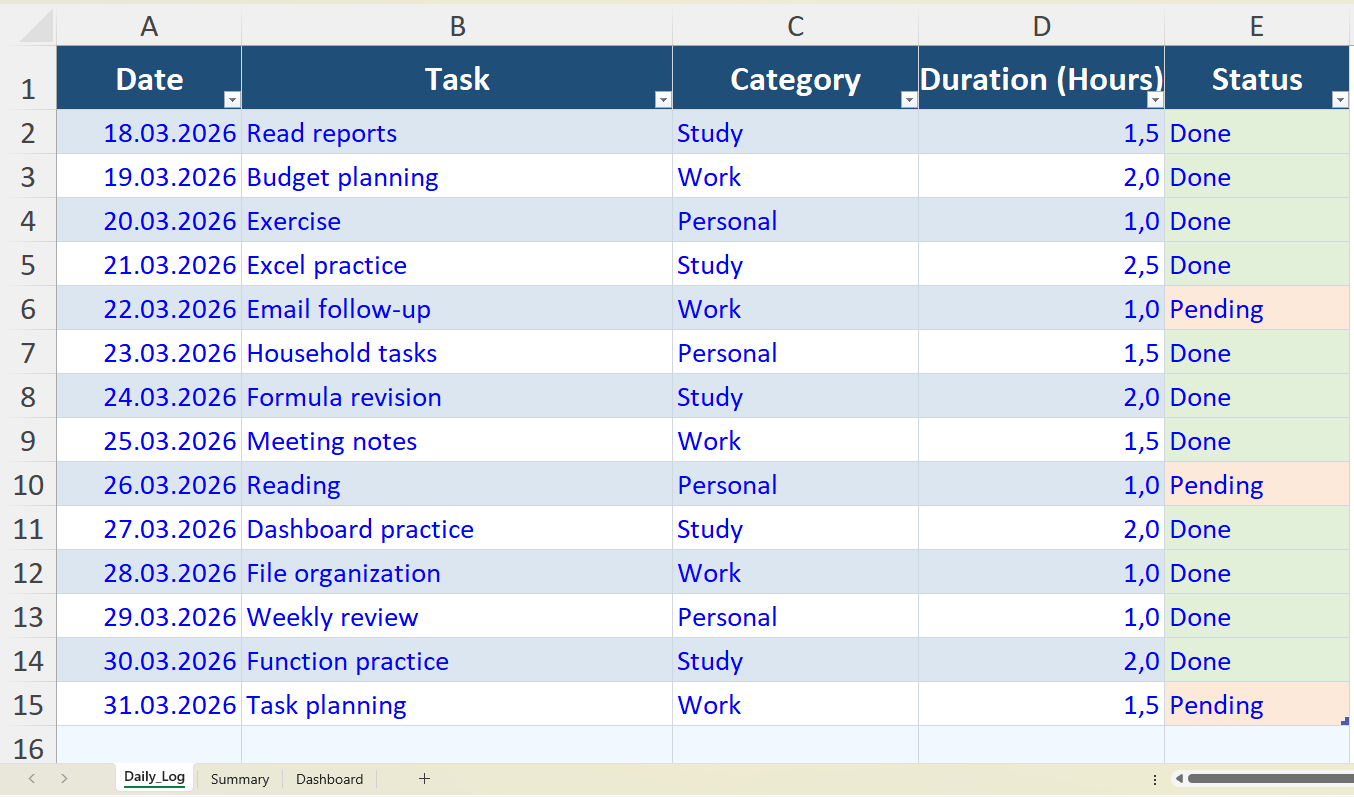 Excel Productivity Tracker Daily Log sayfası